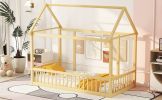 Twin Size Floor Wooden Bed with House Roof Frame and Safety Guardrails,Natural(Expect Arrival Date 2024.7.31)