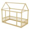 Twin Size Floor Wooden Bed with House Roof Frame and Safety Guardrails,Natural(Expect Arrival Date 2024.7.31)