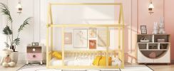 Twin Size Floor Wooden Bed with House Roof Frame and Safety Guardrails,Natural(Expect Arrival Date 2024.7.31)