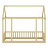 Twin Size Floor Wooden Bed with House Roof Frame and Safety Guardrails,Natural(Expect Arrival Date 2024.7.31)