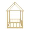 Twin Size Floor Wooden Bed with House Roof Frame and Safety Guardrails,Natural(Expect Arrival Date 2024.7.31)