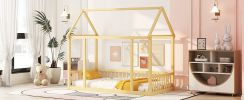 Twin Size Floor Wooden Bed with House Roof Frame and Safety Guardrails,Natural(Expect Arrival Date 2024.7.31)