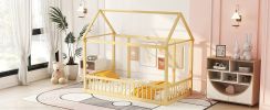 Twin Size Floor Wooden Bed with House Roof Frame and Safety Guardrails,Natural(Expect Arrival Date 2024.7.31)