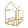 Twin Size Floor Wooden Bed with House Roof Frame and Safety Guardrails,Natural(Expect Arrival Date 2024.7.31)
