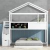 Twin over Full House Bunk Bed with Storage Staircase and Blackboard,White(Old SKU: GX001701AAK)