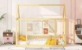 Twin Size Floor Wooden Bed with House Roof Frame and Safety Guardrails,Natural(Expect Arrival Date 2024.7.31)