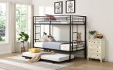 Over Twin Bunk Bed Frame with Trundle,Metal Bunkbed with Sturdy Guard Rail and 2 sideLadders for Kids/Adults,Can be Divided Into Two Beds, No Box Spri