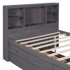 Full Size Platform Bed with Storage Headboard, Charging Station, Twin Size Trundle and 3 Drawers, Antique Brown