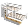 Twin over Twin Loft Bunk Bed with Drawers and Ladder, Gray