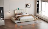 Queen Size Upholstered Platform Bed with Trundle and Drawers, Beige