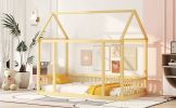 Twin Size Floor Wooden Bed with House Roof Frame and Safety Guardrails,Natural(Expect Arrival Date 2024.7.31)